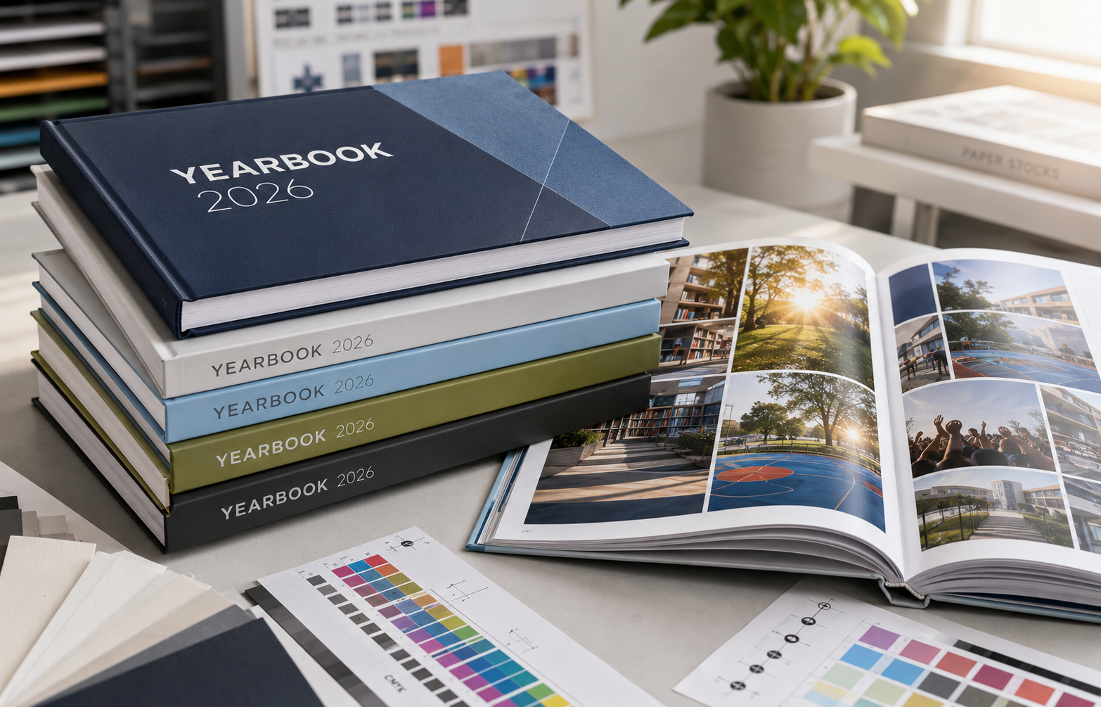 A stack of professionally printed school yearbooks