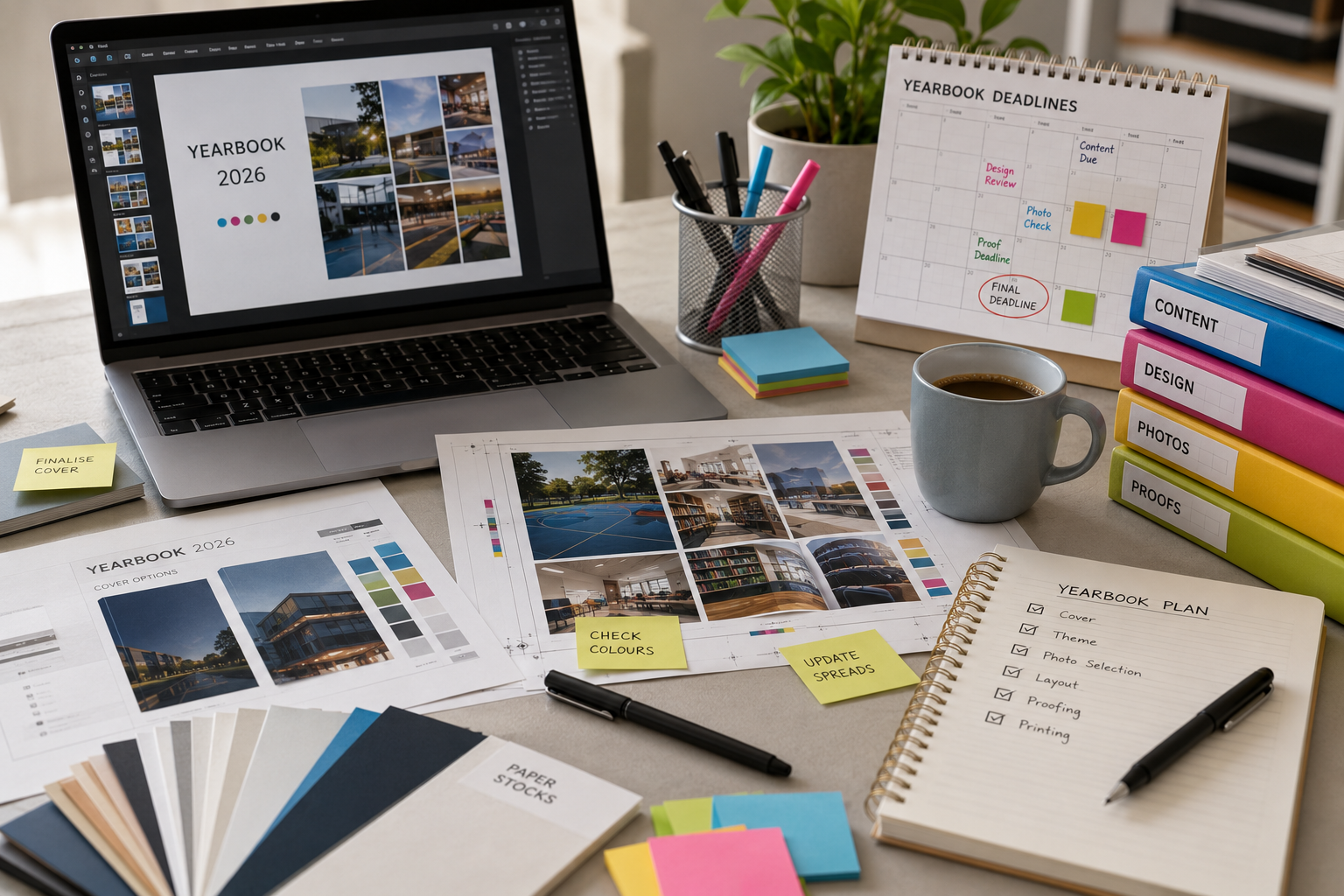 A planning desk with yearbook layouts, notes and a laptop