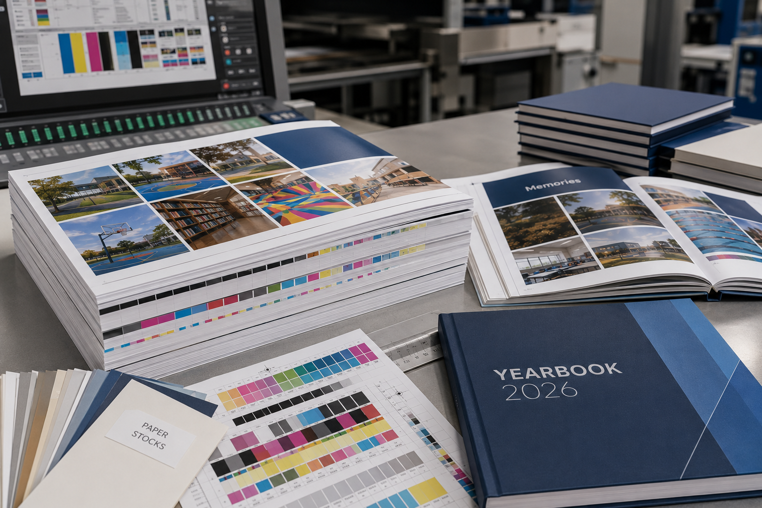 Yearbook pages on a commercial printing press