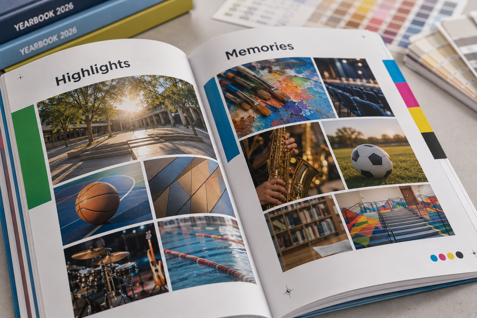 An open yearbook showing a printed double-page spread